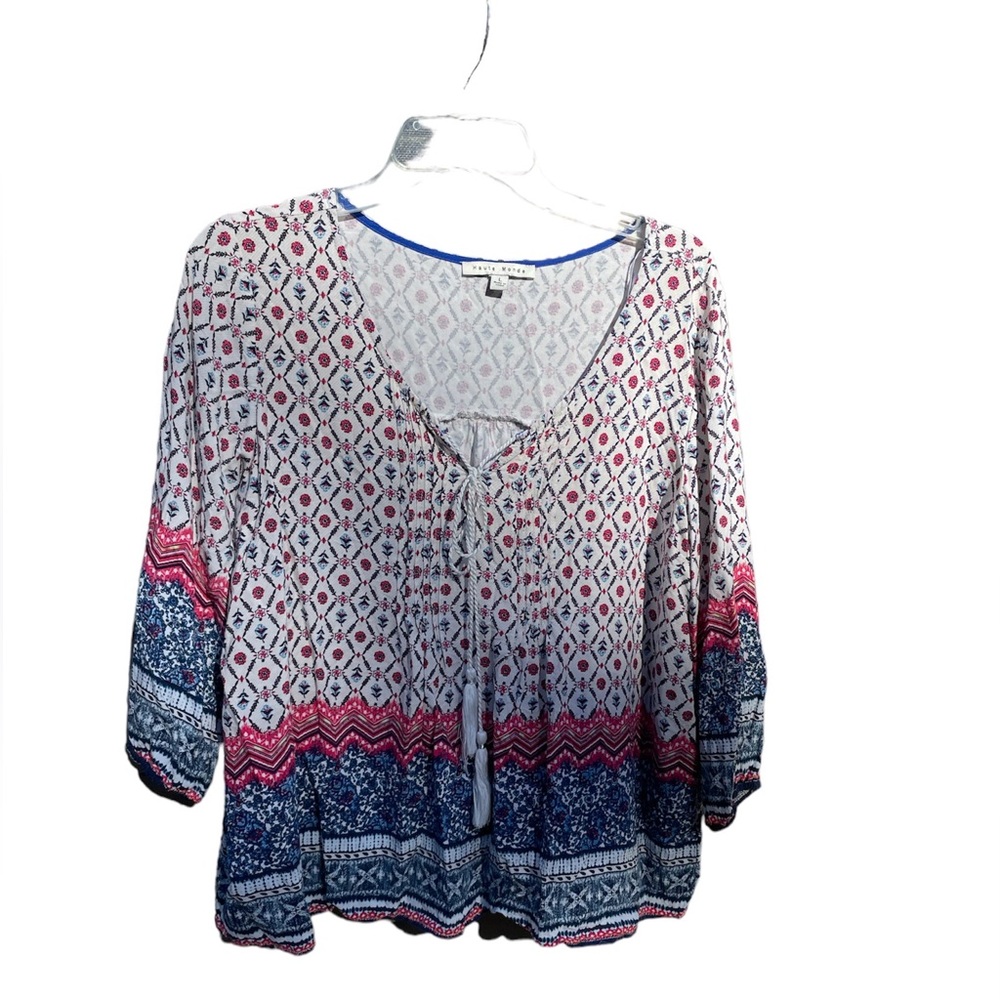 Haute Monde Blouse Slipover Tie Sz L 3/4 Sleeve Floral